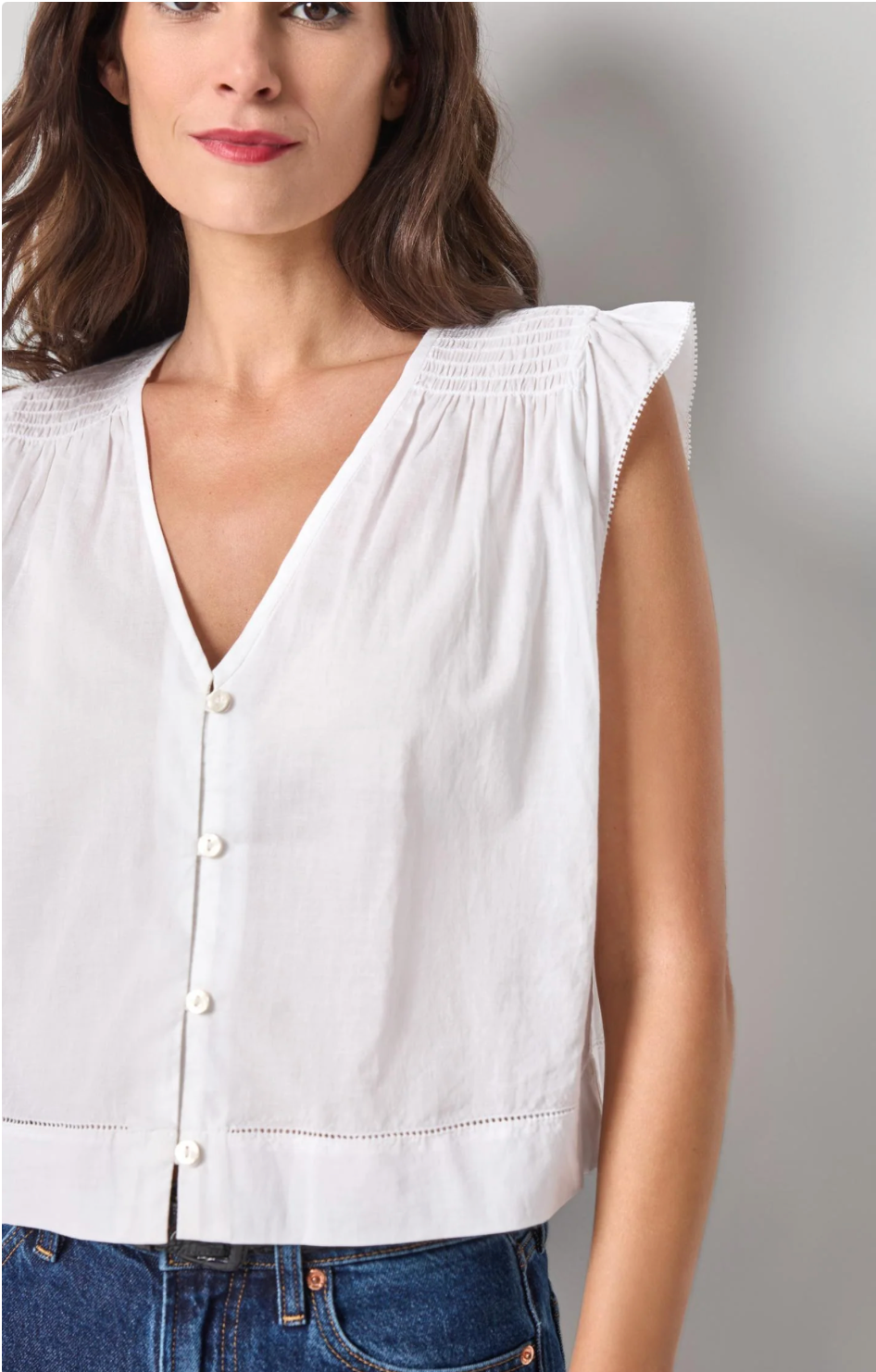 SMOCKED SHOULDER V-NECK